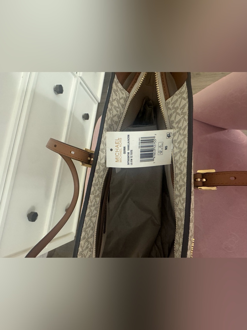 Michael Kors Beige Signature Tote with Brown Trim and Gold Charm - Picture 6 of 6